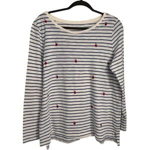 Talbots Blue and White Stripe Long Sleeve Apple Embroidered Crew Neck Tee Size X